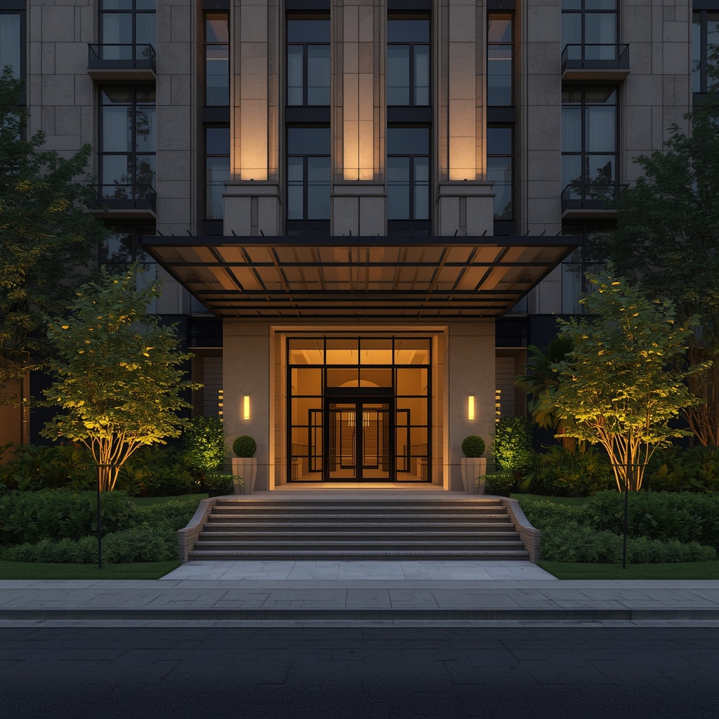 Grand modern building entrance with lush green landscaping and warm sunset lighting